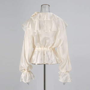 Camicetta Elegante da Donna 2026 con Scollo a V e Bordo in Pizzo, Vestibilità Aderente con Fascia in Vita, a Maniche Lunghe, Tinta Unita, per l'Estate - Product Image 4