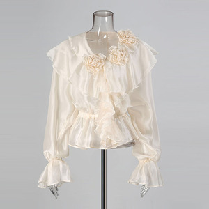 Camicetta Elegante da Donna 2026 con Scollo a V e Bordo in Pizzo, Vestibilità Aderente con Fascia in Vita, a Maniche Lunghe, Tinta Unita, per l'Estate - Product Image 2