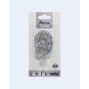 Vela de Cumpleaños con Número 9 y Purpurina Plateada, 6 cm, de Party Love - Product Image 2