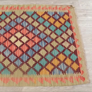 Alfombra de vestíbulo turco Kilim Multicolor de 3x4 pies, Alfombra de lana geométrica tejida plana personalizable para ejercicio en casa, Picnic de oración, tamaño grande - Product Image 1