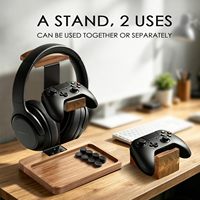 Supports pour casques en bois d'acacia avec support pour manette et base de rangement, support pour casque de jeu, organisateur de bureau pour accessoires de jeu