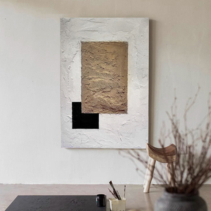 Quadro Verticale Wabi Sabi 3D con Texture in Gesso, Arte Astratta Geometrica <span class=keywords><strong>Art</strong></span> Déco, Pittura a Olio su Tela Bianco Sporco, Taupe e Nero, con Cornice in Legno - Product Image 3