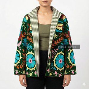 Chaqueta de punto Suzani de terciopelo hecha a mano |   Abrigo Bohemio para Mujer Otoño/Invierno |   Textil Indio Bordado a Mano de Longitud Regular - Product Image 4