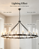 Lámpara de Techo Grande Estilo Carretilla con 20 Luces, Marco de Metal Negro, Pantallas de Cristal Cilíndricas Transparentes, Lámpara Colgante Redonda Moderna Estilo Granja