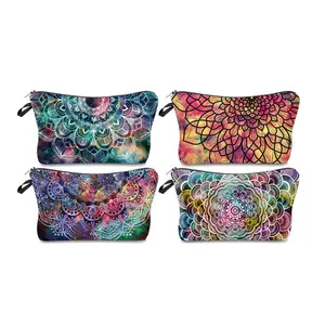 Mandala Flowers Makeup Bag Henna Cosmetic Bags Toiletry Bag Canvas Zipper Makeup Pouch Daily Storage