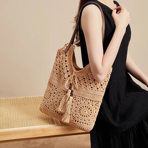 Nuevo Bolso Tote de Paja para Playa de Verano para Niñas, con Dos Asas, Casual, Duradero, con Cremallera, Estilo Bohemio, Hecho a Mano, con Flores Caladas, Gran Capacidad, Ecológico - Product Image 4