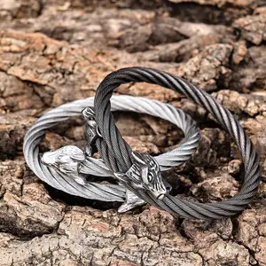 Atacado Vintage aço inoxidável Homens Jóias Twisted Nordic Viking Wolf Head Bracelet