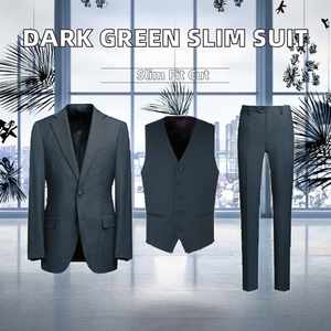 Traje de Negocios para Hombre, Verde Oscuro, Casual, Blazer de Un Solo Pecho + Chaleco + Pantalones con Cierre, Talla Grande, Corte Entallado, Diseño Bird's Eye - Product Image 2