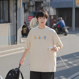 F453 T-shirt à manches courtes pour hommes, 220g, en pur coton, imprimé <span class=keywords><strong>Tetris</strong></span>, col rond américain, pour l'été - Product Image 4