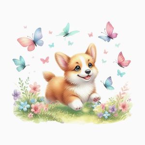 Cartoon Fun Pet Corgis with butterfly or <b>rainbow</b> Wall Stickers Children's Bedroom Living Room Background Wall Decoration - Product Image 2