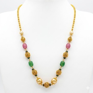 Collar Mala Antiguo de Plata 925 con Cuentas Rosas y Verdes y Detalles de Perlas, Joyería Étnica Tradicional para Mujer, Regalo de Boda - Product Image 1