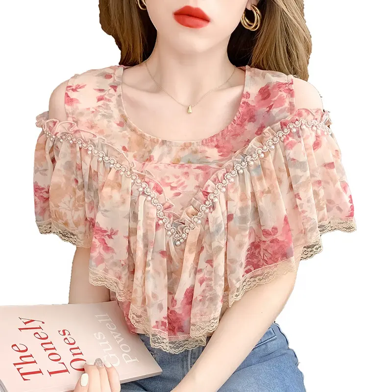 2023 Lace ruffled chiffon blouse Women's summer off-the-shoulder short sleeve beaded top