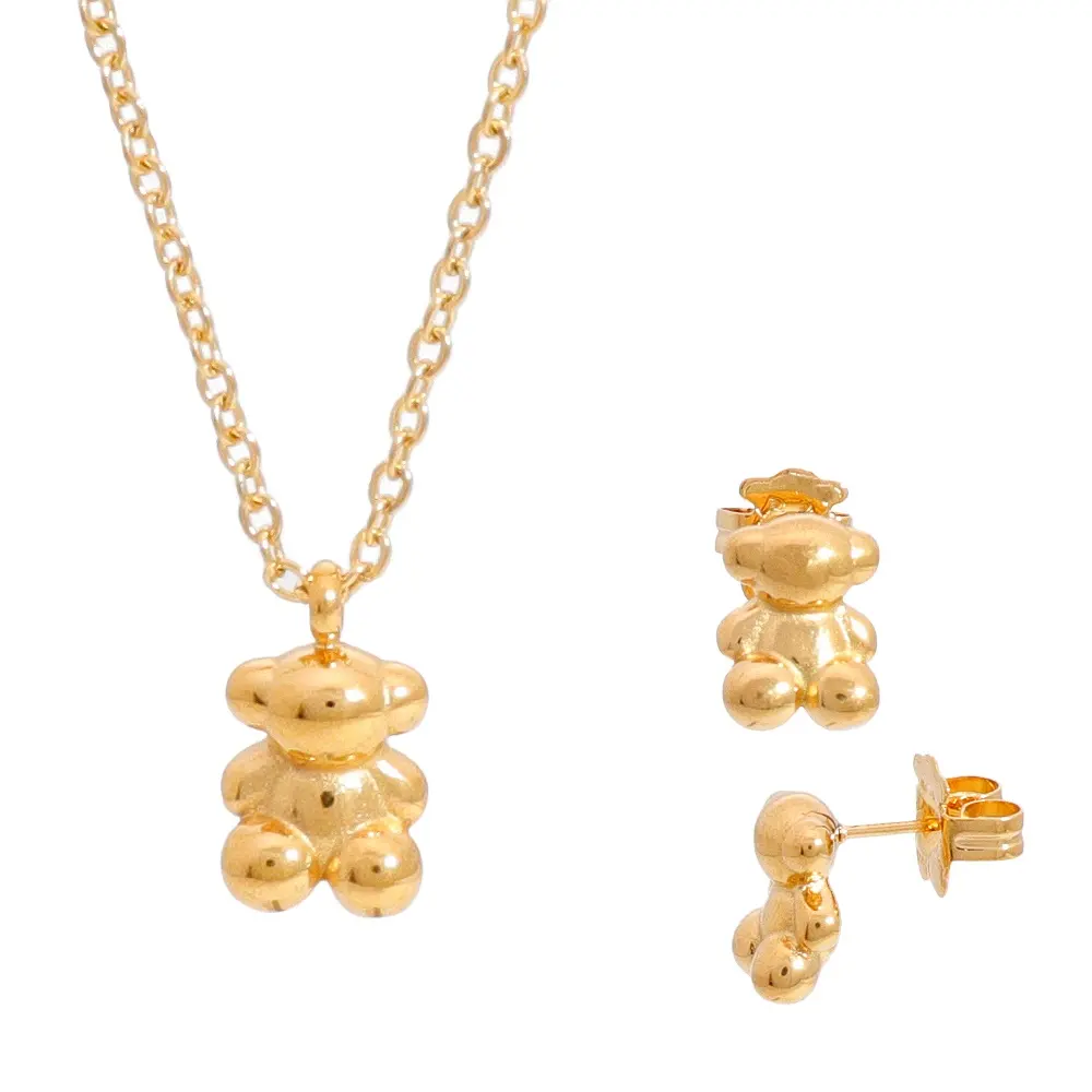 KP exclusivo fantasia moda metal 316L presente de Natal para meninas urso conjunto de joias finas brincos de colar banhado a ouro em aço inoxidável