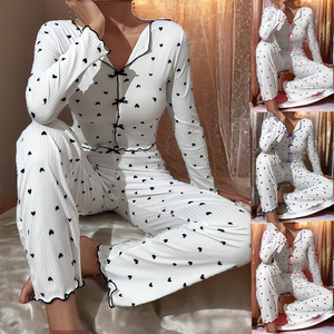 Conjunto de pijama elegante de verano para mujer, ropa de dormir sexy con encaje y cuello en V, estampado animal, mangas largas y pantalones, ropa de dormir con cintura elástica - Product Image 2