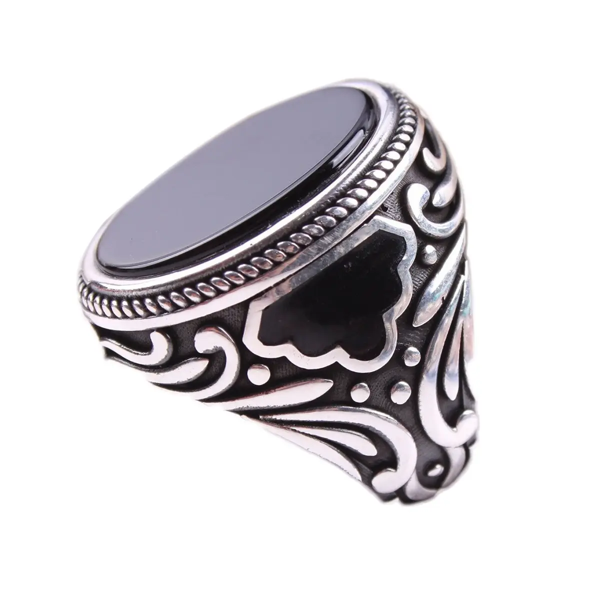 Punk Turquoise Signet Turkish Rings Islamic Religious Muslim Jewelry Fashion Dainty Gem Natural Black Onyx Ring for Men