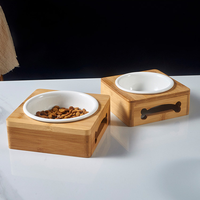 Bol double en céramique pour chat et chien, support antidérapant en bambou, table à manger, protection des vertèbres cervicales, fournitures pour animaux de compagnie