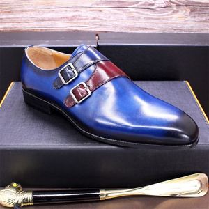Zapatos de Negocios para Hombre con Cubierta de Cuero Azul, Hebilla Doble Monk, Punta Puntiaguda, Aumentan la Estatura, Modernos y Elegantes - Product Image 4
