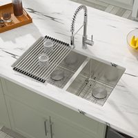 Évier de cuisine NEXGRAND 33 pouces à double bac rectangulaire sous plan, division 60/40, avec égouttoir, 3 mm, personnalisable, fait main, finition satinée
