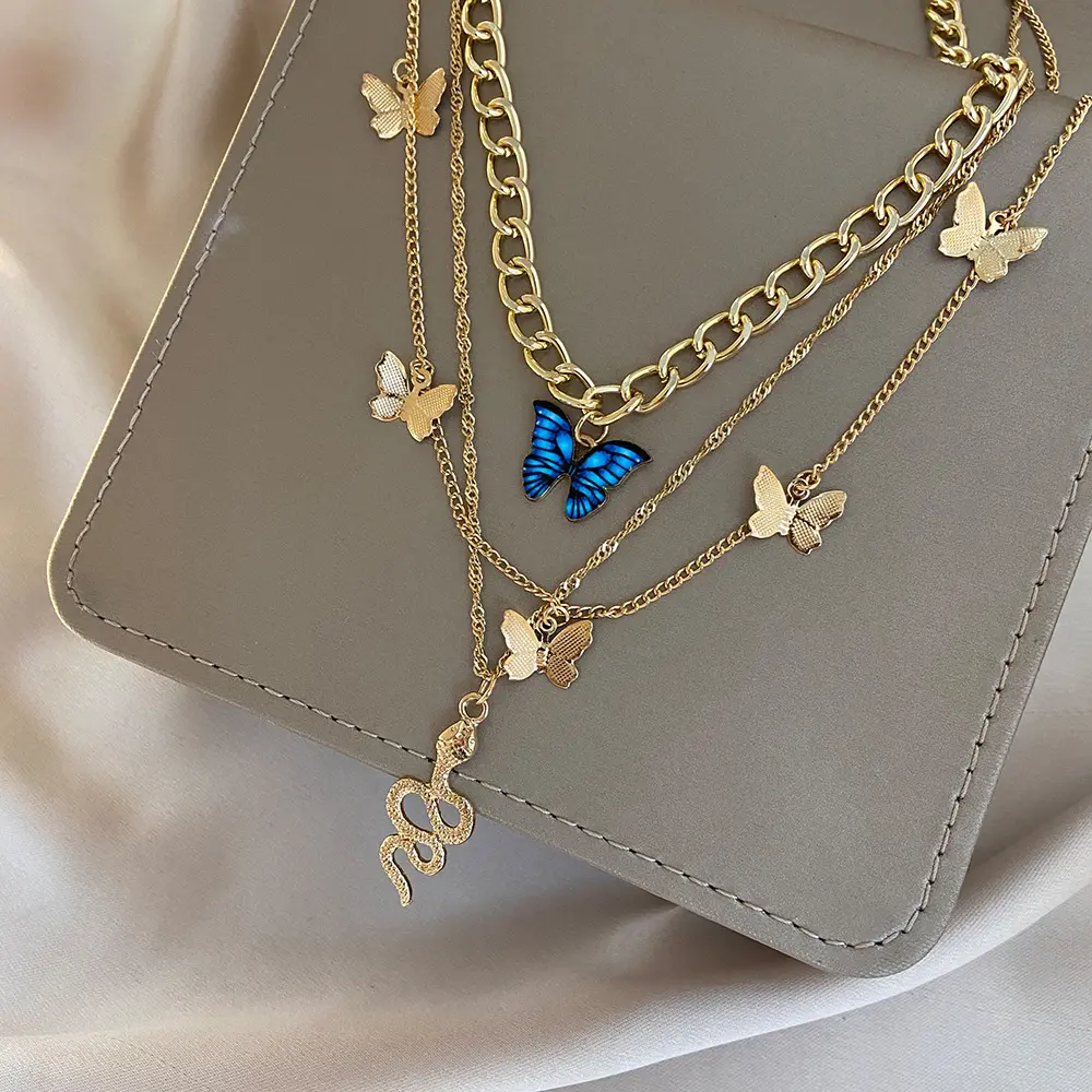 Fashion Jewelry 2022 Multi Layer Butterfly Golden Thick Chain Letter Necklace Gold Plating Women