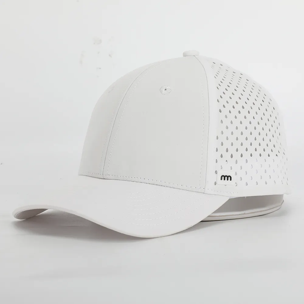 OEM Custom 6 Panel White Laser Cut Hole Perforated Hat,Waterproof Baseball Cap,Rubber Logo Closed Back Fitted Dad Hat