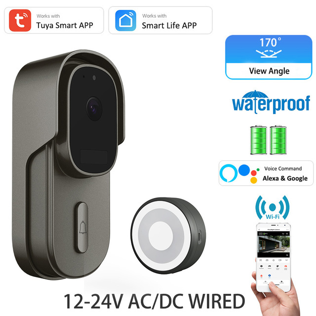 Wide View Tuya Smart Life APP WiFi Audio Video Intercom IP55 Waterproof Doorbell Door Camera Alexa Google Wired Connect AC Power
