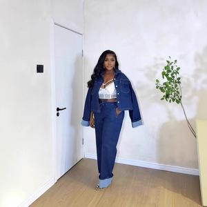 H9050 Trendy Retro Denim Sets for Women Casual Long Sleeve Lapel <strong>Jacket</strong> + <strong>Straight</strong> Pants Jeans Cargo Denim Set Outfits for Women - Product Image 2