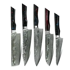 Conjunto de facas de chef AUS10 de aço Damasco com cabo de resina luxuoso personalizado 73 camadas