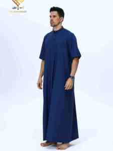 Túnica de oración modesta para hombre AL HARAMAIN, de algodón azul, manga corta, largo hasta el suelo, cuello alto, ajuste sólido universal. - Product Image 3
