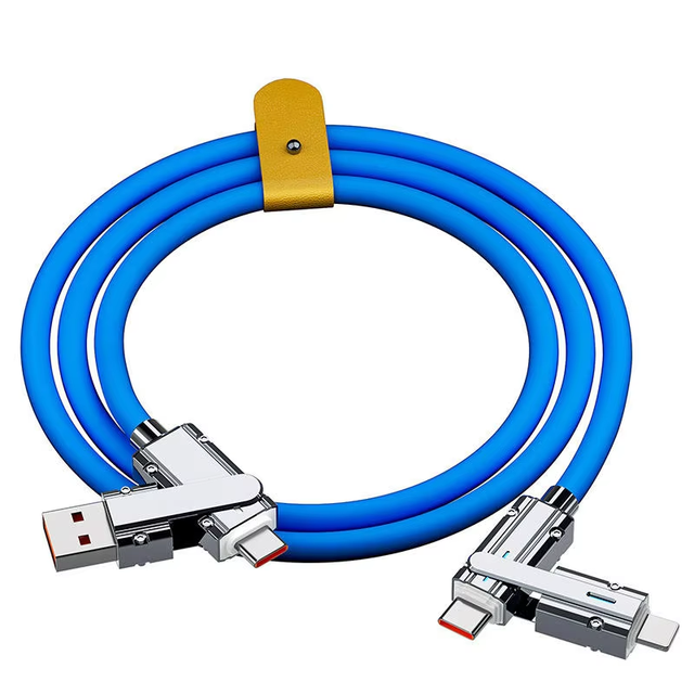 Hot 120W 6A Super Fast 4-in-1 PD Type-C/Micro USB Liquid Silicone Zinc Alloy LED Data Cable 180 Rotatable Connector Printer