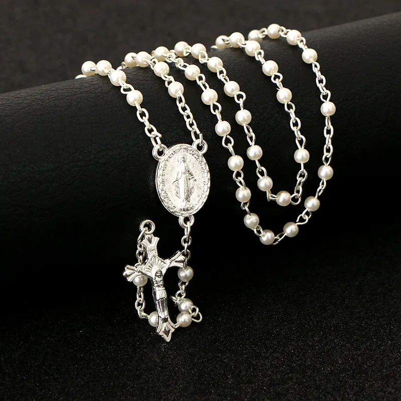 3MM 수제 진주 기독교 십자가 목걸이, 일반 흰색 카톨릭기도 펜던트 묵주 연결 비즈