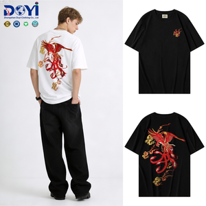 T-shirt DUYI de luxe 100 % coton, coupe oversize, manches courtes, style japonais, broderie Phénix, épaules tombantes, motif dorsal large - Product Image 1