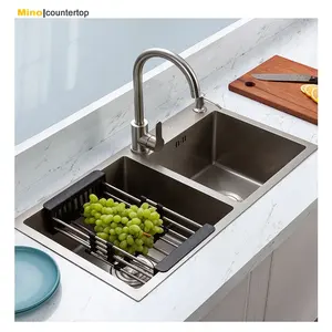 China Wholesale 304 Stainless Steel Double Bowl Inox Two Bowls Small Kitchen Sink with Drainboard Basin Faucet Sinks
