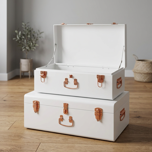 White Metal <b>Storage</b> <b>Trunk</b> Set Rectangular Hinged Lid Stackable Design With Handles Minimalist Style for Sundries - Product Image 1