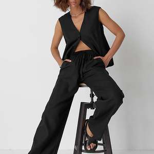 2024 haute rue décontracté coton lin noir sans manches <span class=keywords><strong>gilet</strong></span> <span class=keywords><strong>costume</strong></span> jambe large pantalon deux pièces <span class=keywords><strong>costume</strong></span> conception vêtements pour femmes - Product Image 4