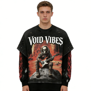 T-shirt Homme Personnalisé à Ourlet Brut Effet Vieilli Vintage Noir Imprimé Guitare Coupe Oversize Boxy Manches Double Couche Effet Flamme Style Décontracté Streetwear - Product Image 1