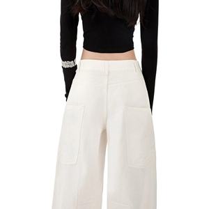 <span class=keywords><strong>Jean</strong></span> cargo <span class=keywords><strong>blanc</strong></span> en coton taille mi-haute à jambe large pour femme, style streetwear hip-hop, multi-poches, décontracté, pour les vacances - Product Image 4