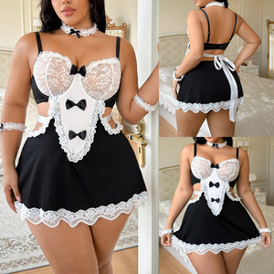 Lingerie de femme de chambre grande taille pour femme, costume de cosplay sexy avec dentelle à volants, nœud décoratif, collier ras-du-cou, menottes et lien dorsal - Product Image 2