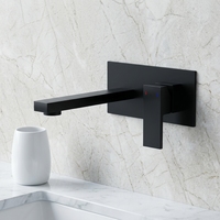 Mitigeur de lavabo encastré haut de gamme noir, bec en laiton de 20,5 cm, panneau mural en acier inoxydable, corps épais, poignée en zinc