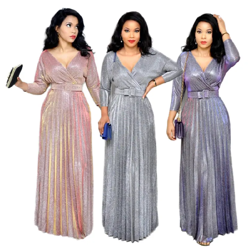 YQY181209 Mode Turki Afrika Desain Terbaru Gaun Mengkilap Lipit Lengan Panjang Gaun Malam Formal Sederhana