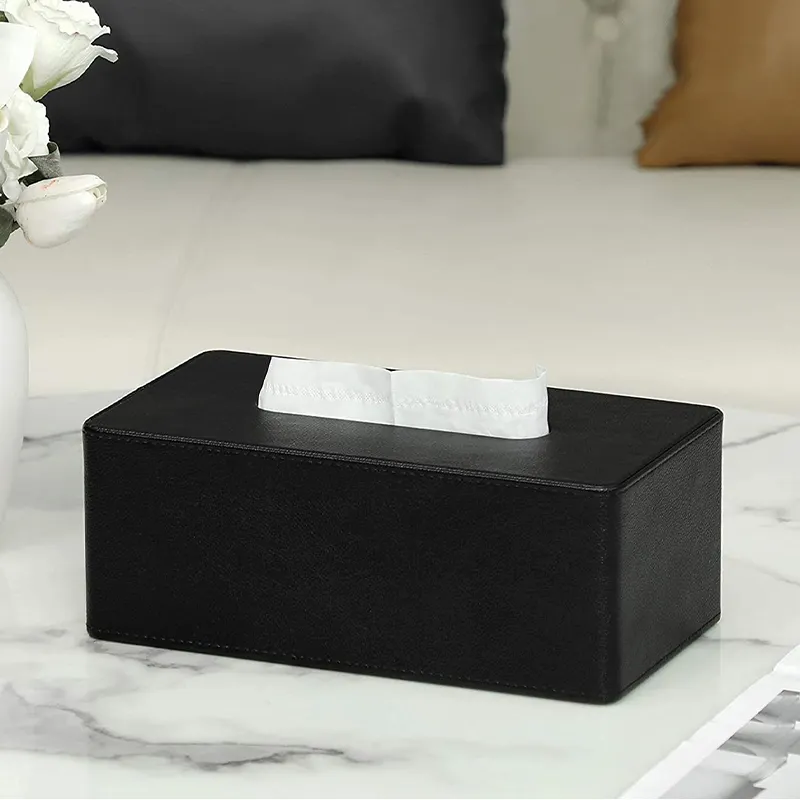 Hotel PU Leather Tissue Box Holder With Magnetic Bottom For Bathroom Bedroom Office Rectangular Leather Facial Tissue Box Cover