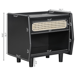Black Nightstand With Rattan Detail MDF Solid Wood Modern Bedroom <b>Storage</b> <b>Open</b> Shelf Drawer Indoor Furniture - Product Image 2