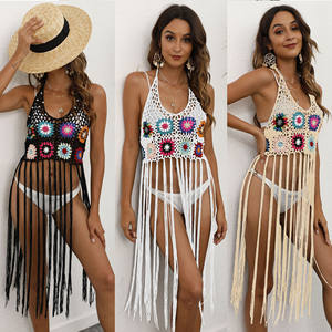 Vestido Playero de Ganchillo Hecho a Mano con Cuadrados Bohemios, <span class=keywords><strong>Sexy</strong></span> y Veraniego para Mujer, con Borlas, Venta al Por Mayor - Product Image 1