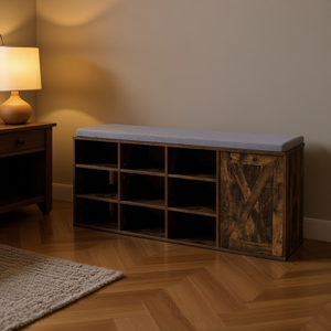 Panca Portascarpe Regolabile a 9 Scomparti con Cuscino Imbottito Rimovibile, Marrone Rustico, Arredamento Camera da Letto, Seduta con Contenitore in Legno - Product Image 2