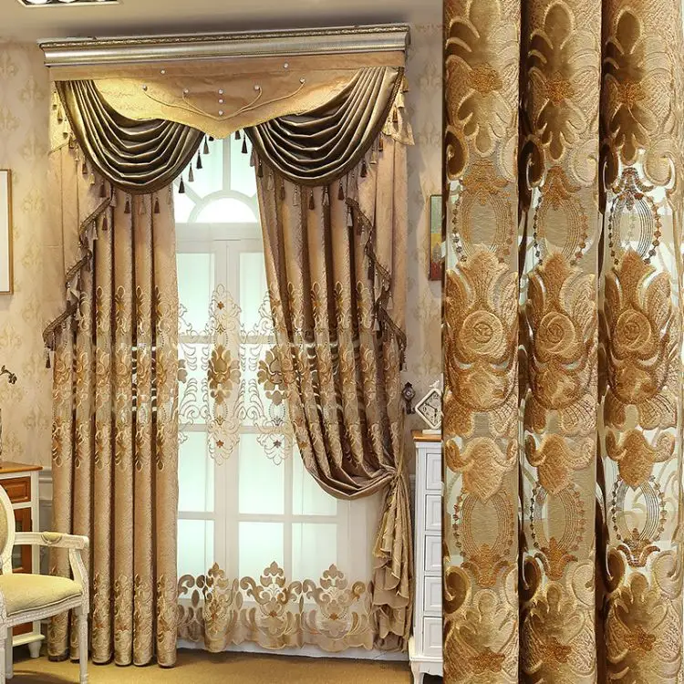 Cortinas bordadas europeas de lujo personalizadas diseñadas para Villa, sala de estar, cortinas de ventana, bordado dorado Floral CSD