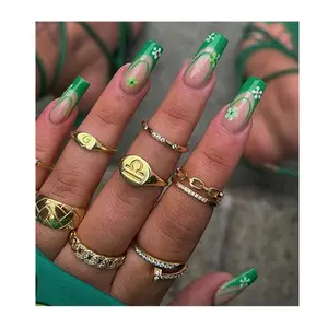 네일 최고의 품질 사용자 정의 긴 관 프레스 네일 도매 녹색 프랑스 팁 작은 꽃 자연 맛 인공 손톱