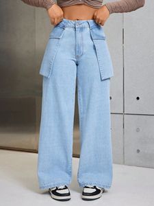<span class=keywords><strong>Pantaloni</strong></span> in Denim donna Casual a vita alta a vita larga blu lavati <span class=keywords><strong>con</strong></span> grande tasca a basso MOQ stile dritto alla moda - Product Image 2