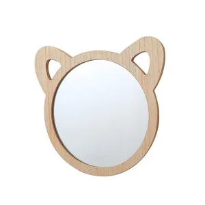 Espejo colgante de pared de madera Natural con diseño de gato de dibujos animados para decoración de cuarto de niños, espejo artístico con ganchos