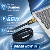 Kabel Pengisian Cepat 4-in-1 USB Micro USB Type-C 1M A50JJ Konduktor Tembaga Murni Desain Konvertibel Paduan Seng PD 65W 27W
