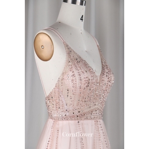 Robe de soirée moderne et élégante en tulle, jupe droite champagne, col en V profond, bretelles spaghetti, longueur au sol, perle, <span class=keywords><strong>gaine</strong></span> en pierre chaude - Product Image 5