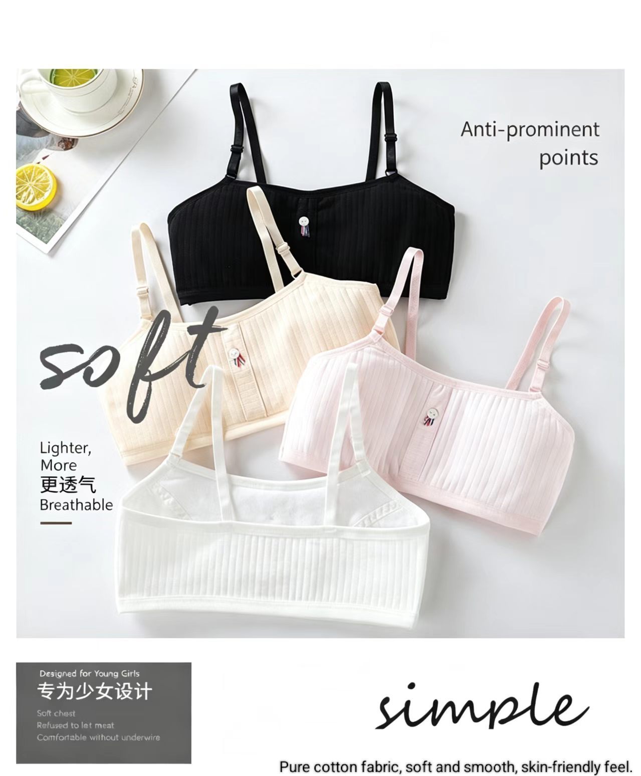 Girl Cotton Training Bra 7-12Y Teen Soft Breathable Antibacterial Eco Friendly Washable Lightweight Stretch Underwear